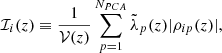 $$ \begin{aligned} \mathcal{I} _{i}(z)\equiv \frac{1}{\mathcal{V} (z)}\sum _{p=1}^{N_{PCA}} \tilde{\lambda }_{p}(z) |\rho _{ip}(z)|, \end{aligned} $$