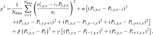 $$ \begin{aligned} \chi ^2 =&\frac{1}{N_{\mathrm{data} }}\sum _{i=1}^{N_{\mathrm{data} }}\left(\frac{o_{t,y,x}^i - c_iP_{t,y,x}}{\sigma _i}\right)^2 + \alpha \left[(P_{t,y,x} - P_{t,y,x-1})^2\right.\nonumber \\&\left.+ (P_{t,y,x} - P_{t,y,x+1})^2 + (P_{t,y,x} - P_{t,y-1,x})^2 + (P_{t,y,x} - P_{t,y+1,x})^2\right]\nonumber \\&+ \beta \left(P_{t,y,x} - P_0\right)^2 + \gamma \left[(P_{t,y,x} - P_{t-1,y,x})^2 + (P_{t,y,x} - P_{t+1,y,x})^2\right], \end{aligned} $$