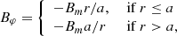 $$ \begin{aligned} B_\varphi = {\left\{ \begin{array}{ll} -B_m r/a ,&\text{ if} \; r \le a \\ -B_m a/r&\text{ if} \; r > a , \end{array}\right.} \end{aligned} $$