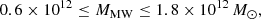 $$ \begin{aligned}&0.6\times 10^{12} \le M_{\rm MW} \le 1.8\times 10^{12}\, M_\odot , \end{aligned} $$