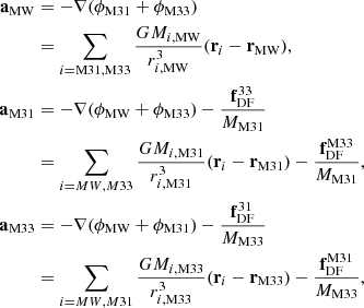 $$ \begin{aligned} \mathbf{a}_{\rm MW}&= -\mathbf{\nabla }(\phi _{\rm M31}+\phi _{\rm M33})\nonumber \\&=\sum _{i=\mathrm{M31,M33}} {GM_{i,\mathrm{MW}}\over r^3_{i,\mathrm{MW}}} (\mathbf{r}_i-\mathbf{r}_{\rm MW}),\nonumber \\ \mathbf{a}_{\rm M31}&= -\mathbf{\nabla }(\phi _{\rm MW}+\phi _{\rm M33})-{\mathbf{f}_{\rm DF}^{33}\over M_{\rm M31}}\nonumber \\&= \sum _{i=MW,M33} {GM_{i,\mathrm{M31}}\over r^3_{i,\mathrm{M31}}} (\mathbf{r}_i-\mathbf{r}_{\rm M31})-{\mathbf{f}_{\rm DF}^\mathrm{M33}\over M_{\rm M31}},\\ \mathbf{a}_{\rm M33}&= -\mathbf{\nabla }(\phi _{\rm MW}+\phi _{\rm M31})-{\mathbf{f}_{\rm DF}^{31}\over M_{\rm M33}}\nonumber \\&= \sum _{i=MW,M31} {GM_{i,\mathrm{M33}}\over r^3_{i,\mathrm{M33}}} (\mathbf{r}_i-\mathbf{r}_{\rm M33})-{\mathbf{f}_{\rm DF}^\mathrm{M31}\over M_{\rm M33}},\nonumber \end{aligned} $$
