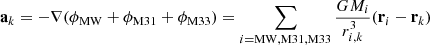 $$ \begin{aligned} \mathbf{a}_{k}= -\mathbf{\nabla }(\phi _{\rm MW}+\phi _{\rm M31}+\phi _{\rm M33})=\sum _{i=\mathrm{MW,M31,M33}} {GM_{i}\over r^3_{i,k}} (\mathbf{r}_i-\mathbf{r}_{k}) \end{aligned} $$