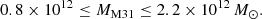 $$ \begin{aligned}&0.8\times 10^{12} \le M_{\rm M31} \le 2.2\times 10^{12}\, M_\odot .\end{aligned} $$