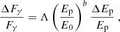 $$ \begin{aligned} \frac{\Delta F_\gamma }{F_\gamma } = \Lambda \, \Bigg ( \frac{E_{\rm p}}{E_0} \Bigg )^b \, \frac{\Delta E_{\rm p}}{E_{\rm p}} \ , \end{aligned} $$