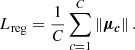 $$ \begin{aligned} L_{\rm reg}=\frac{1}{C} \sum _{c=1}^C\left\Vert\boldsymbol{\mu _c}\right\Vert. \end{aligned} $$