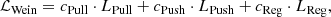 $$ \begin{aligned} \mathcal{L} _{\rm Wein}= c_{\mathrm{Pull}} \cdot L_{\mathrm{Pull}} + c_{\mathrm{Push}} \cdot L_{\mathrm{Push}}+ c_{\mathrm{Reg}} \cdot L_{\mathrm{Reg}}, \end{aligned} $$