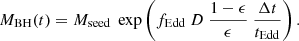 $$ \begin{aligned} {M_{\rm BH}}(t) = {M_{\rm seed}}\ \exp \left(f_{\rm Edd}\ D\ \frac{1 - \epsilon }{\epsilon }\ \frac{\Delta t}{t_{\rm Edd}}\right). \end{aligned} $$