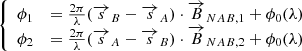 $$ \begin{aligned} {\left\{ \begin{array}{ll} \phi _{1}&= \frac{2\pi }{\lambda }(\overrightarrow{s}_B-\overrightarrow{s}_A)\cdot \overrightarrow{B}_{NAB,1} + \phi _0(\lambda ) \\ \phi _{2}&= \frac{2\pi }{\lambda }(\overrightarrow{s}_A-\overrightarrow{s}_B)\cdot \overrightarrow{B}_{NAB,2} + \phi _0(\lambda ) \end{array}\right.} \end{aligned} $$
