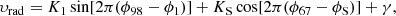 $$ \begin{aligned} \upsilon _\mathrm{rad} = K_1\,\mathrm{sin} [2\pi (\phi _{98}-\phi _1)]+K_\mathrm{S} \,\mathrm{cos} [2\pi (\phi _{67}-\phi _\mathrm{S} )]+\gamma , \end{aligned} $$