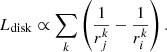 $$ \begin{aligned} L_{\rm disk}\propto \sum _k \left(\frac{1}{r_j^k} - \frac{1}{r_i^k}\right). \end{aligned} $$