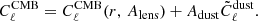 $$ \begin{aligned} C_\ell ^\mathrm{CMB} = C_\ell ^\mathrm{CMB}(r,\,A_{\rm lens}) + A_{\rm dust}\tilde{C}_\ell ^\mathrm{dust}. \end{aligned} $$