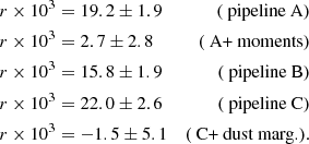 $$ \begin{aligned}&r\times 10^3 = 19.2 \pm 1.9&(\text{ pipeline} \text{ A})\nonumber \\&r\times 10^3 = 2.7 \pm 2.8&(\text{ A} \text{+} \text{ moments})\nonumber \\&r\times 10^3 = 15.8 \pm 1.9&(\text{ pipeline} \text{ B})\\&r\times 10^3 = 22.0 \pm 2.6&(\text{ pipeline} \text{ C})\nonumber \\&r\times 10^3 = -1.5 \pm 5.1&(\text{ C} \text{+} \text{ dust} \text{ marg.}).\nonumber \end{aligned} $$