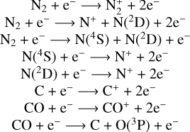 ${{\rm{N}}_2} + {{\rm{e}}^ - } \to {\rm{N}}_2^ + + 2{{\rm{e}}^ - }$