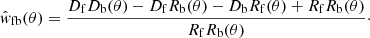 $$ \begin{aligned} \hat{{ w}}_{\mathrm{fb}}(\theta ) = \frac{D_{\rm f}D_{\rm b}(\theta )-D_{\rm f}R_{\rm b}(\theta )-D_{\rm b}R_{\rm f}(\theta )+R_{\rm f}R_{\rm b}(\theta )}{R_{\rm f}R_{\rm b}(\theta )}\cdot \end{aligned} $$