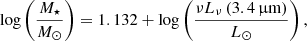 $$ \begin{aligned} \mathrm{log}\left(\frac{M_{\star }}{M_{\odot }}\right) = 1.132+\mathrm{log}\left(\frac{\nu L_{\nu }\left(3.4\,\upmu \mathrm{m}\right)}{L_{\odot }}\right), \end{aligned} $$