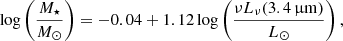 $$ \begin{aligned} \mathrm{log}\left(\frac{M_{\star }}{M_{\odot }}\right) = -0.04 + 1.12\,\mathrm{log}\left(\frac{\nu L_{\nu }(3.4\,\upmu \mathrm{m})}{L_{\odot }}\right), \end{aligned} $$