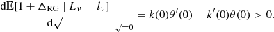 $$ \begin{aligned} \left.\frac{\mathrm{d}\mathbb{E} [1+\Delta _{\rm RG}\ \vert \ L_\nu = l_\nu ]}{\mathrm{d}\surd }\right|_{\surd =0} = k(0)\theta^\prime (0) + k^\prime (0)\theta (0) > 0. \end{aligned} $$