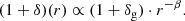 $$ \begin{aligned} (1+\delta )(r) \propto (1+\delta _{\rm g}) \cdot r^{-\beta }. \end{aligned} $$