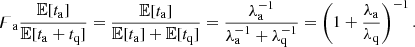$$ \begin{aligned} \digamma _{\rm a} \frac{\mathbb{E} [t_{\rm a}]}{\mathbb{E} [t_{\rm a} + t_{\rm q}]} = \frac{\mathbb{E} [t_{\rm a}]}{\mathbb{E} [t_{\rm a}] + \mathbb{E} [t_{\rm q}]} = \frac{\lambda _{\rm a}^{-1}}{\lambda _{\rm a}^{-1} + \lambda _{\rm q}^{-1}} = \left(1+\frac{\lambda _{\rm a}}{\lambda _{\rm q}}\right)^{-1}. \end{aligned} $$
