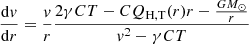 $$ \begin{aligned}&\frac{\mathrm{d}v}{\mathrm{d}r} = \frac{v}{r} \frac{2\gamma C T - C Q_{\rm H,T}(r) r - \frac{G M_{\odot }}{r}}{v^2 - \gamma C T} \end{aligned} $$