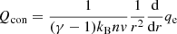 $$ \begin{aligned} Q_{\rm con}=\frac{1}{(\gamma -1)k_{\rm B} nv}\frac{1}{r^2}\frac{\mathrm{d}}{\mathrm{d} r}q_{\rm e} \end{aligned} $$