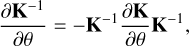 $\[\frac{\partial \mathbf{K}^{-1}}{\partial \theta}=-\mathbf{K}^{-1} \frac{\partial \mathbf{K}}{\partial \theta} \mathbf{K}^{-1},\]$