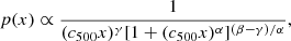 $$ \begin{aligned} p(x) \propto \frac{1}{(c_{500}x)^\gamma [1 + (c_{500}x)^\alpha ]^{(\beta - \gamma )/\alpha }}, \end{aligned} $$