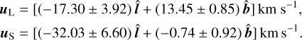 $\matrix{ {{u_{\rm{L}}} = [( - 17.30 \pm 3.92)\hat l + (13.45 \pm 0.85)\hat b]{\rm{km}}\,{{\rm{s}}^{ - 1}},} \cr {{u_{\rm{S}}} = [( - 32.03 \pm 6.60)\hat l + ( - 0.74 \pm 0.92)\hat b]{\rm{km}}\,{{\rm{s}}^{ - 1}}.} \cr } $