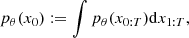 $$ \begin{aligned} p_{\theta }(x_{0}) := \int p_{\theta }(x_{0:T})\mathrm{d}x_{1:T}, \end{aligned} $$
