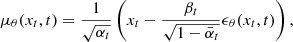 $$ \begin{aligned} \mu _{\theta }(x_{t}, t) = \frac{1}{\sqrt{\alpha _{t}}}\left(x_{t} - \frac{\beta _{t}}{\sqrt{1-\bar{\alpha }_{t}}}\epsilon _{\theta }(x_{t}, t)\right), \end{aligned} $$