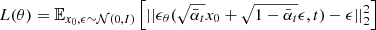$$ \begin{aligned} L(\theta ) = \mathbb{E} _{x_{0}, \epsilon \sim \mathcal{N} (0, I)}\left[ || \epsilon _{\theta }(\sqrt{\bar{\alpha }_{t}}x_{0} + \sqrt{1-\bar{\alpha }_{t}}\epsilon , t) - \epsilon ||^{2}_{2} \right] \end{aligned} $$