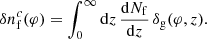 $$ \begin{aligned} \delta n_{\mathrm{f}}^c(\varphi )=\int _0^{\infty }\mathrm{d}z\,\frac{\mathrm{d}N_{\mathrm{f}}}{\mathrm{d}z}\,\delta _{\mathrm{g}}(\varphi ,z). \end{aligned} $$