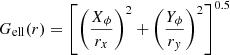 $$ \begin{aligned}&G_{\rm ell}(r) = \left[\left(\frac{X_{\phi }}{r_x}\right)^2 + \left(\frac{Y_{\phi }}{r_{ y}}\right)^2 \right]^{0.5} \end{aligned} $$