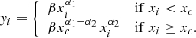 $$ \begin{aligned} { y}_i = {\left\{ \begin{array}{ll} \beta x_i^{{\alpha _1}}&{\mathrm{if }\; x_i < x_c} \\ \beta x_c^{\alpha _1-\alpha _2} \, x_i^{{\alpha _2}}&{\mathrm{if }\; x_i \ge x_c}. \end{array}\right.} \end{aligned} $$