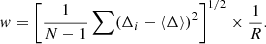 $$ \begin{aligned} { w} = \left[\frac{1}{N-1}\sum (\Delta _i - \langle \Delta \rangle )^2\right]^{1/2} \times \frac{1}{R}. \end{aligned} $$
