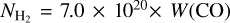 ${N_{{{\rm{H}}_2}}} = 7.0 \times {10^{20}} \times W\left( {{\rm{CO}}} \right)$