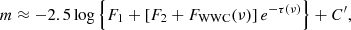 $$ \begin{aligned} m\approx -2.5\log \left\{ F_1+\left[ F_2+F_{\rm WWC}(\nu ) \right]e^{-\tau (\nu )} \right\} +C^{\prime }, \end{aligned} $$
