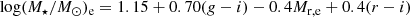 $$ \begin{aligned} \log (M_\star /M_\odot )_{\rm e}=1.15+0.70(g-i)-0.4M_{\rm r,e}+0.4(r-i) \end{aligned} $$