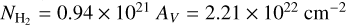 ${N_{{{\rm{H}}_2}}} = 0.94 \times {10^{21}}{A_V} = 2.21 \times {10^{22}}{\rm{c}}{{\rm{m}}^{ - 2}}$