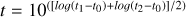 $t = {10^{\left( {\left[ {\log \left( {{t_1} - {t_0}} \right) + \log \left( {{t_2} - {t_0}} \right)} \right]/2} \right)}}$