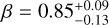 $\beta = 0.85_{ - 0.13}^{ + 0.09}$