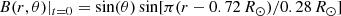 $$ \begin{aligned} B(r, \theta )|_{t=0} = \sin (\theta )\sin [\pi (r-0.72\,R_\odot )/0.28\,R_\odot ] \end{aligned} $$