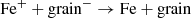 $$ \begin{aligned} \mathrm{Fe^+} + \mathrm{grain^-} \rightarrow \mathrm{Fe} + \mathrm{grain} \end{aligned} $$