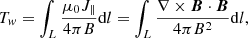 $$ \begin{aligned} T_{ w} = \int _{L}\frac{\mu _0J_\parallel }{4{\pi }B}\mathrm{d}l = \int _{L}\frac{\nabla \times \boldsymbol{B}\cdot \boldsymbol{B}}{4{\pi }B^2}\mathrm{d}l, \end{aligned} $$