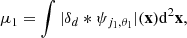 $$ \begin{aligned} \mu _1 = \int |\delta _{d} * \psi _{j_1,\theta _1}| (\mathbf x )\mathrm{d}^2\mathbf x , \end{aligned} $$
