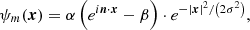$$ \begin{aligned} \psi _m(\boldsymbol{x})=\alpha \left(e^{i \boldsymbol{n} \cdot \boldsymbol{x}}-\beta \right) \cdot e^{-|\boldsymbol{x}|^2 /\left(2 \sigma ^2\right)}, \end{aligned} $$