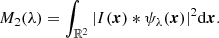$$ \begin{aligned} M_{2}(\lambda ) = \int _{\mathbb{R} ^2} | {I}(\boldsymbol{x}) * \psi _\lambda (\boldsymbol{x})|^2 \mathrm{d}\boldsymbol{x}. \end{aligned} $$