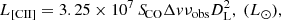 $$ \begin{aligned} {L_{\mathrm{[CII]}} = 3.25 \times 10^7\,{S\!}_{\mathrm{CO}} \Delta v \nu _{\mathrm{obs}} D_{\mathrm{L}}^2},\;(L_{\odot }), \end{aligned} $$