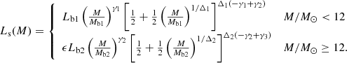 $$ \begin{aligned} L_{\rm s}(M)= {\left\{ \begin{array}{ll} L_{\rm b1}\left(\frac{M}{M_{\rm b1}}\right)^{\gamma _1} \left[\frac{1}{2}+ \frac{1}{2} \left(\frac{M}{M_{\rm b1}}\right)^{1/\Delta _1}\right]^{\Delta _1(-\gamma _1+\gamma _2)}&M/M_{\odot } < 12 \\ \epsilon L_{\rm b2}\left(\frac{M}{M_{\rm b2}}\right)^{\gamma _2} \left[\frac{1}{2}+\frac{1}{2}\left(\frac{M}{M_{\rm b2}} \right)^{1/\Delta _2}\right]^{\Delta _2(-\gamma _2+\gamma _3)}&M/M_{\odot } \ge 12. \\ \end{array}\right.} \end{aligned} $$