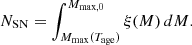 $$ \begin{aligned} N_{\rm SN} = \int _{M_{\rm max}(T_{\rm age})}^{M_{\rm max,0}} \xi (M) \, dM. \end{aligned} $$